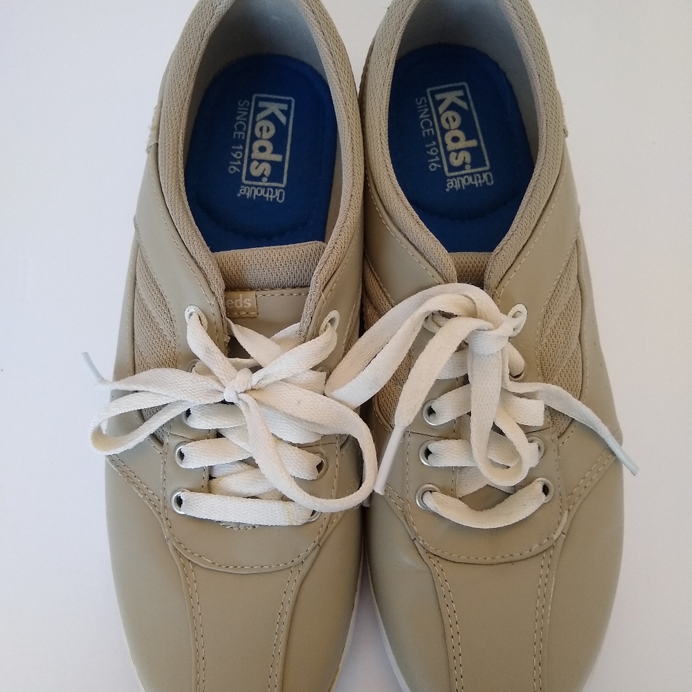 Keds Ortholite Tan Khaki Faux Leather Sneakers 9.5